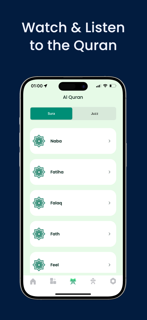 Muslim AI app Quran section displaying a list of Surahs for listening and reading