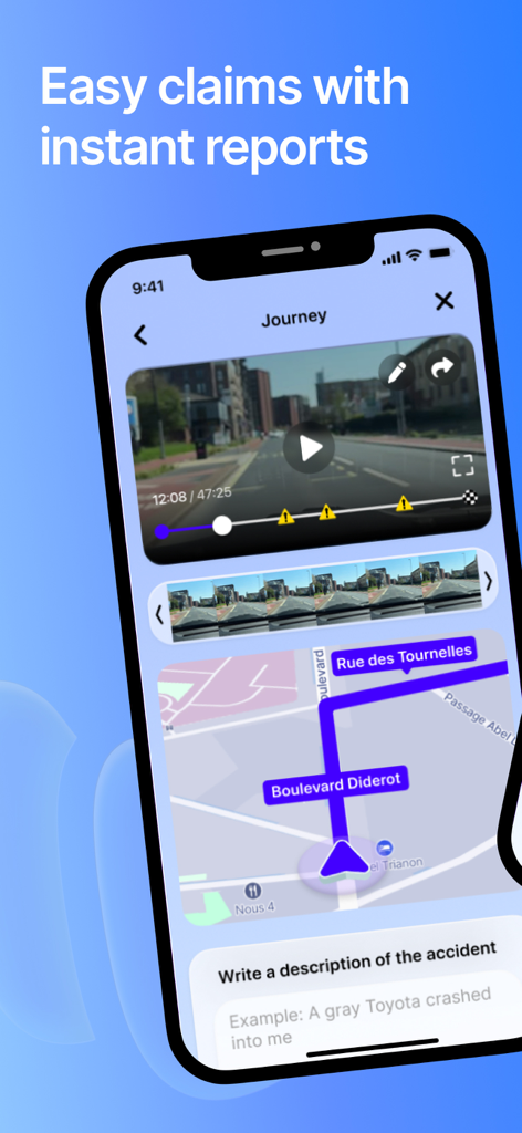 Weel: GPS & Dashcam - Weel-App-Bildschirm für einfache Versicherungsansprüche mit Dashcam-Video und GPS-Karte