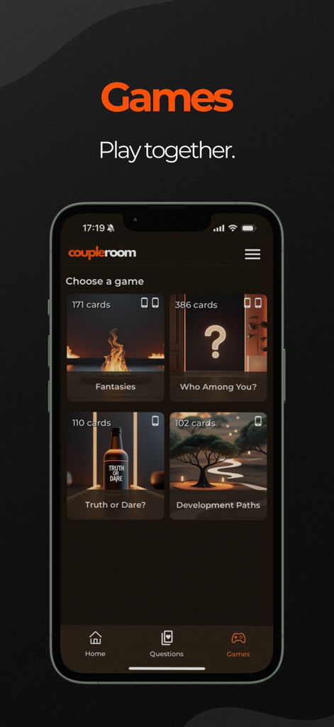 Coupleroom: Game For Couples - Interface of Coupleroom app showing game options like Fantasies, Who Among You, Truth or Dare, and Development Paths.