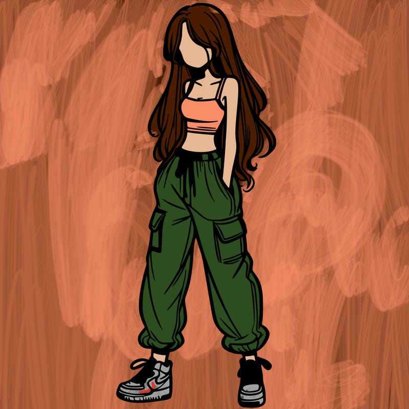 girl in baggy pants crop top and long hair