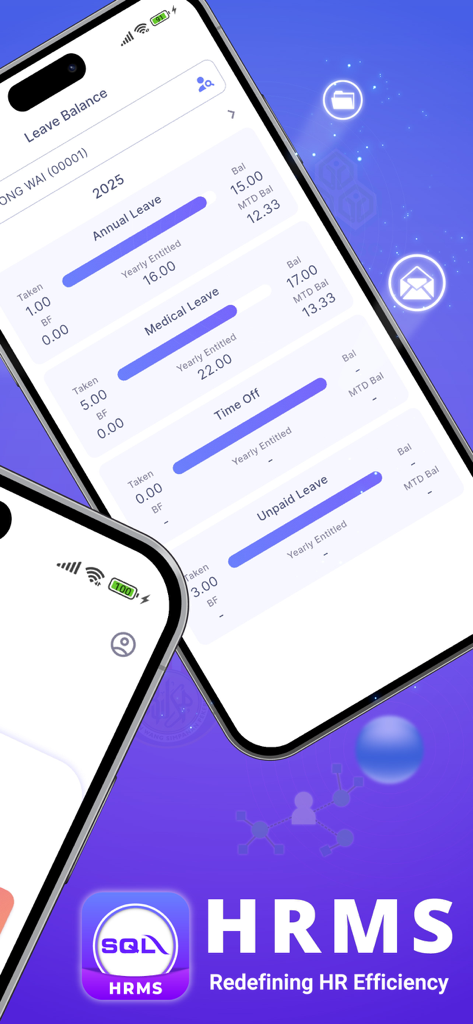 SQL HRMS - SQL HRMS mobile app interface showing leave balance with progress bars for annual, medical, and unpaid leave.