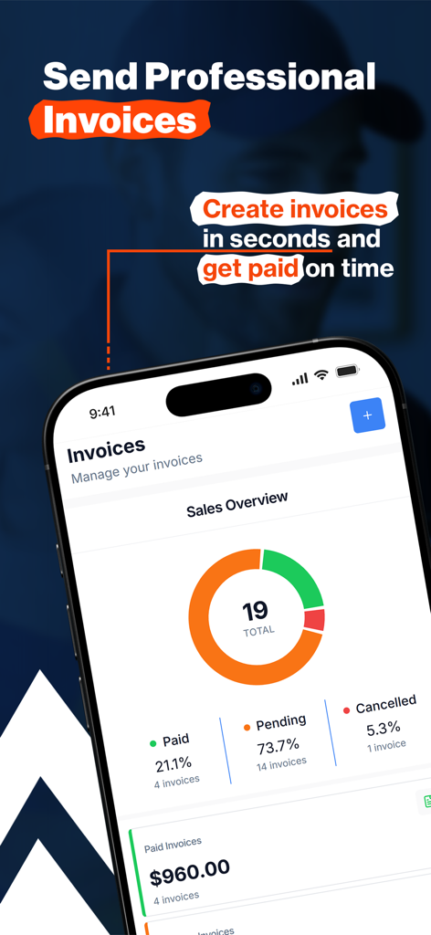 Thunder Pro - Uno smartphone che mostra la panoramica delle vendite dell'app Thunder Pro con un grafico a torta per fatture pagate, in sospeso e annullate.