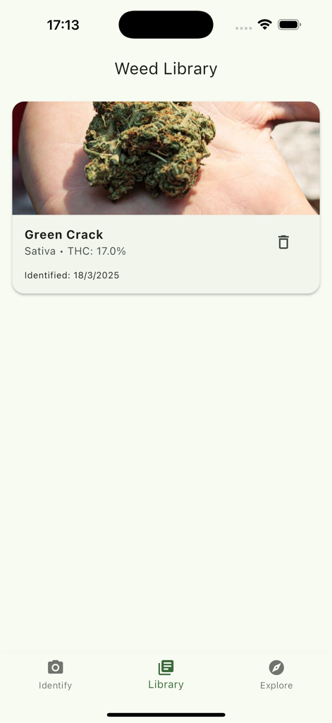 Weed Scan AI : THC Identifier - Mobile app screen showing the Weed Library with a saved entry for the Green Crack Sativa strain and its 17 percent THC level