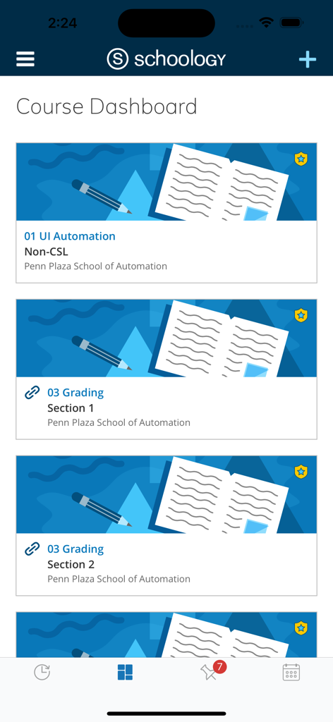 Schoology mobile app interface displaying the course dashboard with various class cards