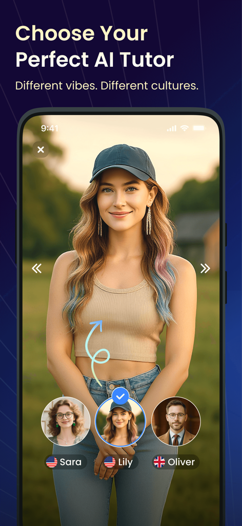 TalkFlow:Speak English Better - Interface de l'application mobile TalkFlow montrant une sélection de tuteurs d'anglais IA réalistes avec différents antécédents culturels et accents.