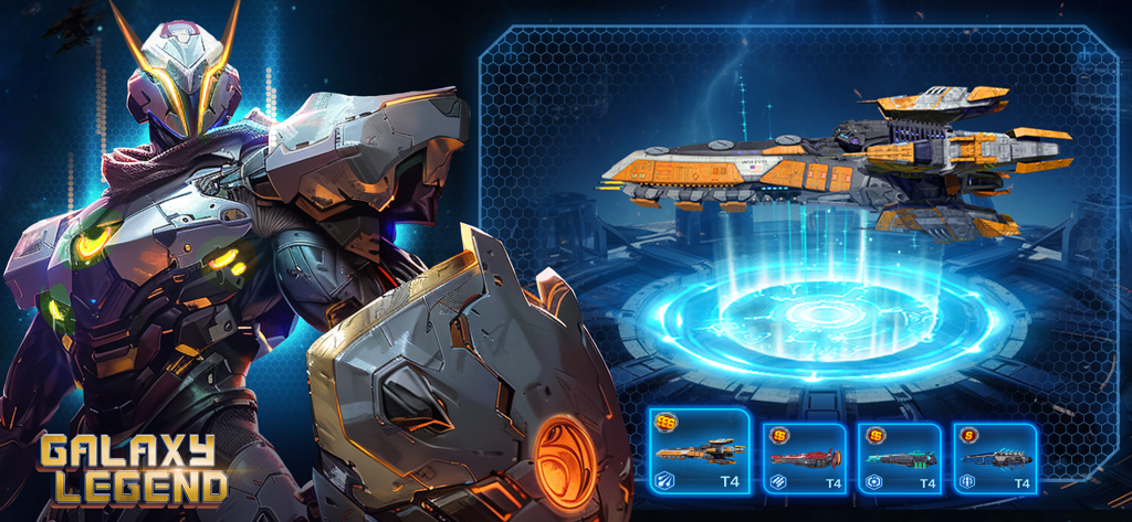 Galaxy Legend - A futuristic robot commander standing next to a sci-fi spaceship selection interface in the Galaxy Legend game