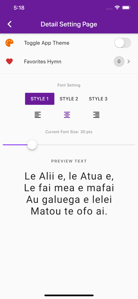 Pagina delle impostazioni dell'app Inno Samoano che mostra le regolazioni dello stile e della dimensione dei caratteri.