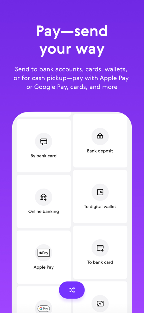 Paysend app interface showing multiple payment methods including bank card bank deposit digital wallet and Apple Pay