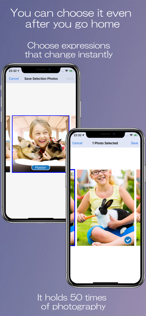 Photo++ ! - Interfaz de la aplicación Photo plus plus que muestra la selección de fotogramas para fotos de niños y mascotas