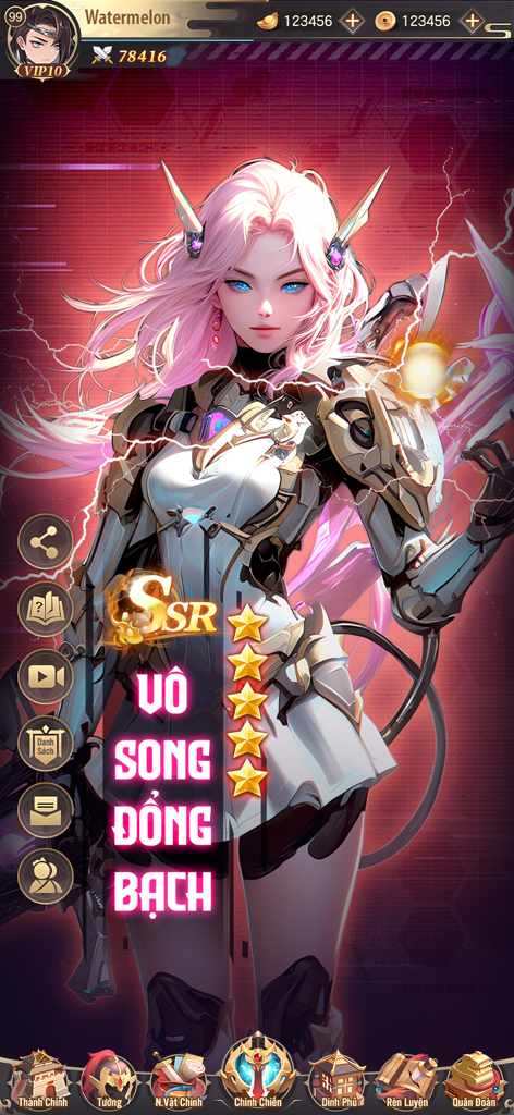 Mukbang Tam Quốc - Vplay - SSR female character with pink hair in futuristic armor from Mukbang Tam Quoc game