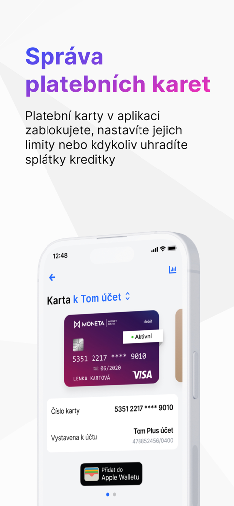 MONETA Smart Banka mobile app interface for managing payment cards and adding to Apple Wallet