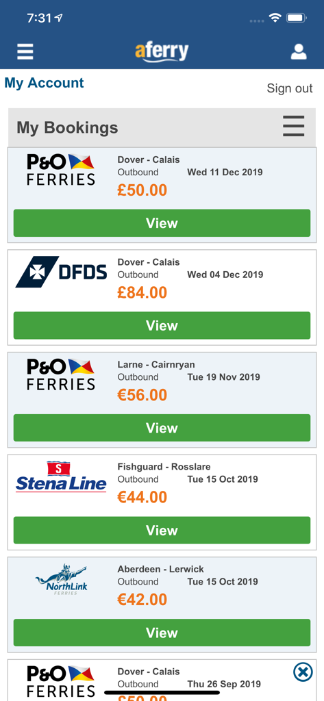A list of ferry bookings in the aFerry app My Account section showing routes and prices.