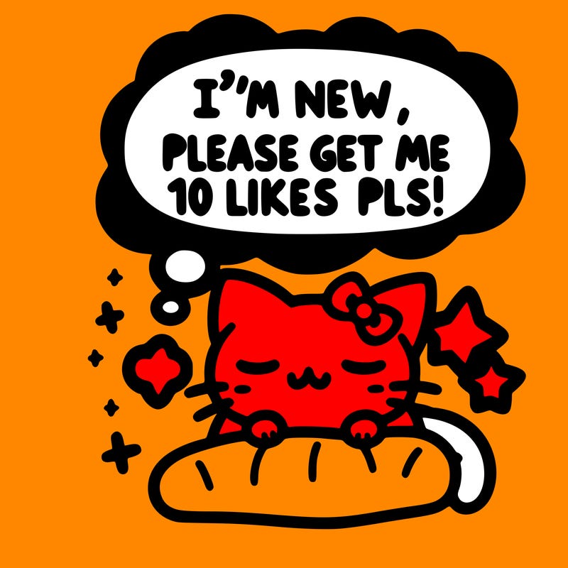 kitty taking a nap dream talking and saying "i'm new, please get me at least 10 likes pls!!"