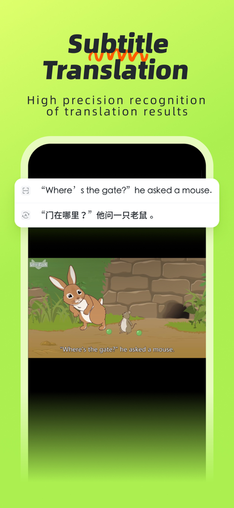 Aplicación GG-Translator mostrando traducción de subtítulos en tiempo real de inglés a chino a través de una superposición flotante en un video