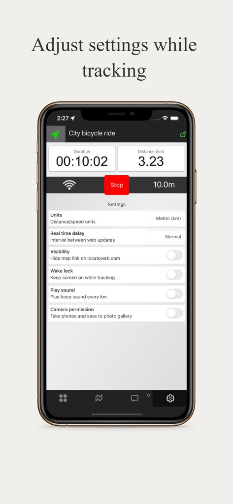LocaToWeb Realtime GPS tracker - Pantalla de configuración de la aplicación LocaToWeb para ajustar parámetros mientras se rastrea un paseo en bicicleta.