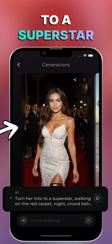 PixieAI - Magic Photo Editor - Interfaz de la aplicación PixieAI que muestra una foto generada por IA de una mujer en una alfombra roja usando un texto.