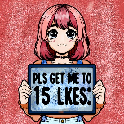 realistic girl holding up a sign that says “pls get me to 15 likes!”