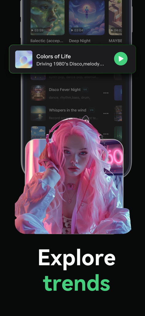 Songdio - AI Music Video Maker - Songdio App-Oberfläche zum Erkunden angesagter KI-Musik-Tracks, die eine Social-Media-Influencerin mit pinken Haaren und Kopfhörern zeigt.