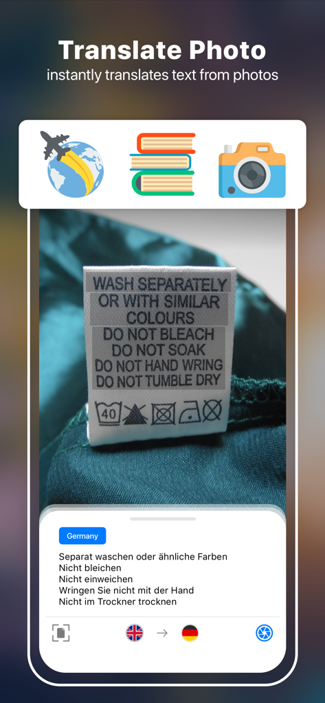 英語の衣料品ラベルがドイツ語に翻訳されている写真＆カメラ翻訳アプリのインターフェース