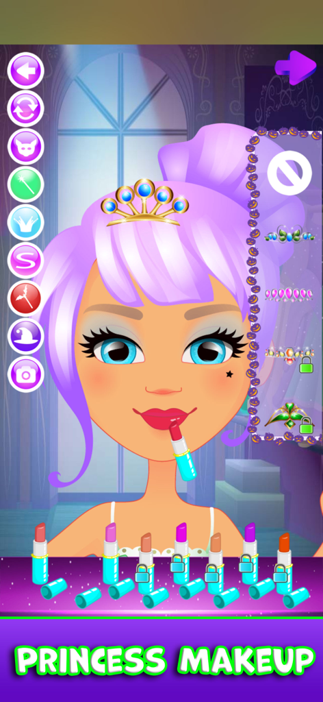 Halloween Costume Party Games - Princess makeup screen in the Halloween Costume Party Games app showing a character getting a makeover.