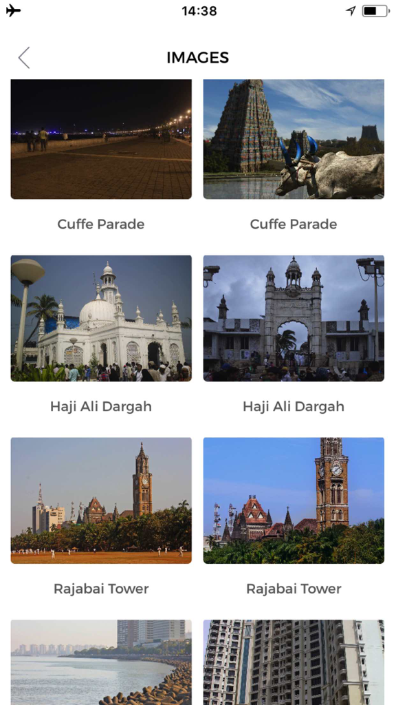 Mumbai Travel Guide Offline - Gallery of Mumbai landmark photos including Haji Ali Dargah and Rajabai Tower in the offline travel guide app.