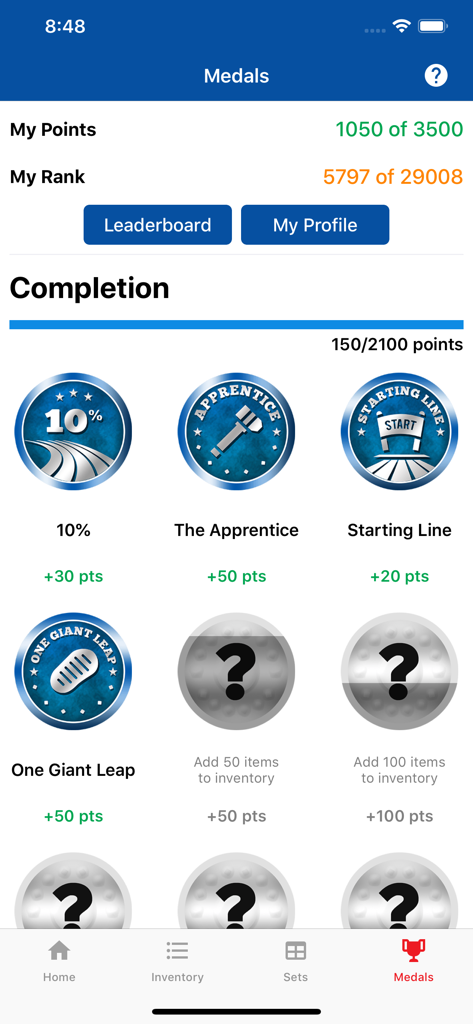 PSA Set Registry - PSA Set Registry app Medals screen showing user points rank and completion achievements