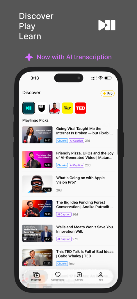 PlayLingo - PlayLingo app discover screen showing a feed of YouTube videos for English language practice.
