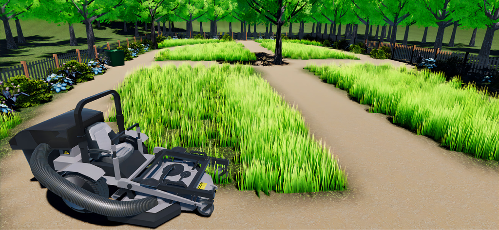 Grass Cutting Game - A lawn mower parked near patches of tall grass in a park simulation