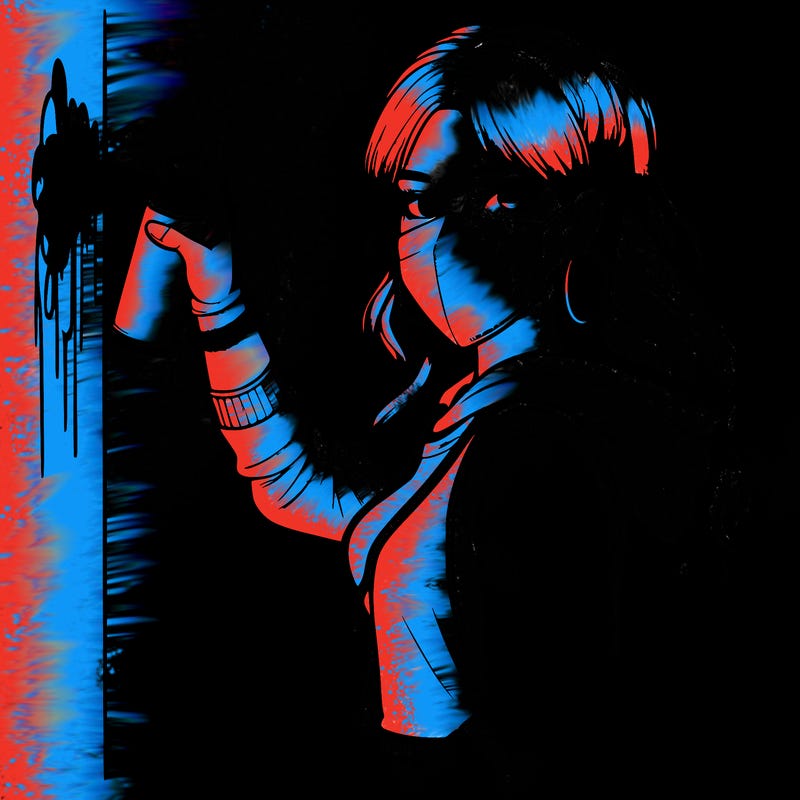 realistic girl with mask spray painting a wall