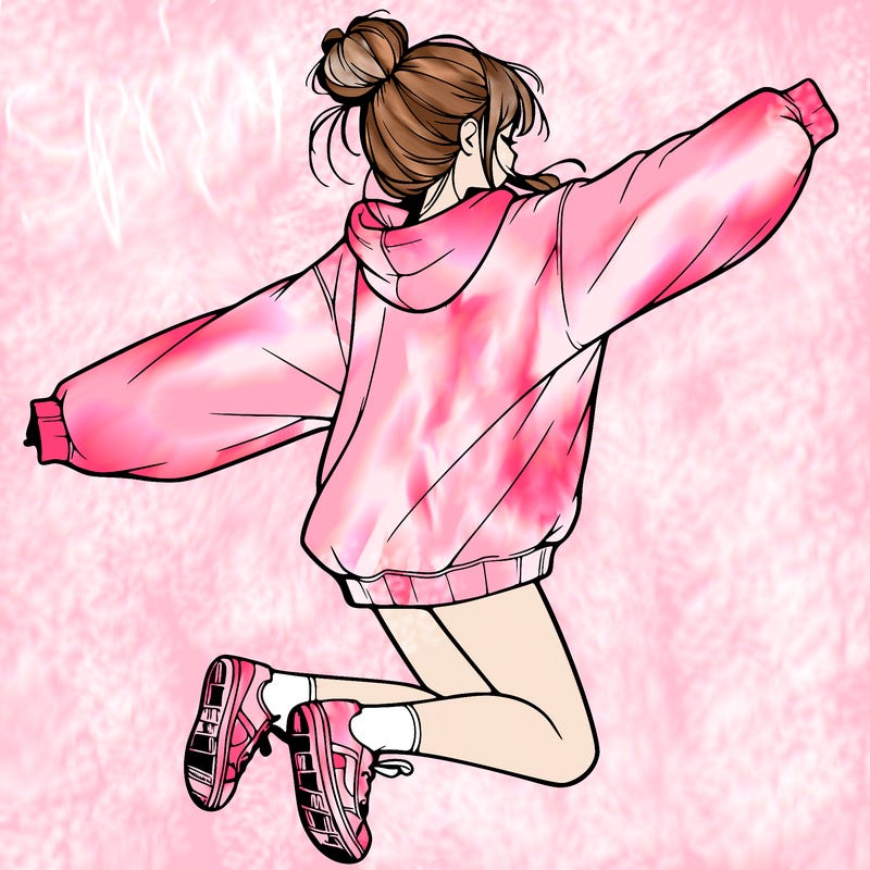 realistic girl jumping with a bun and oversized sweatshirt