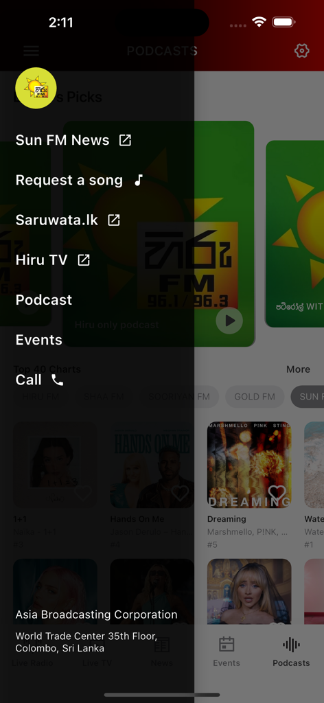Side navigation menu of the ShaaFM Mobile app displaying options for news, song requests, and podcasts.