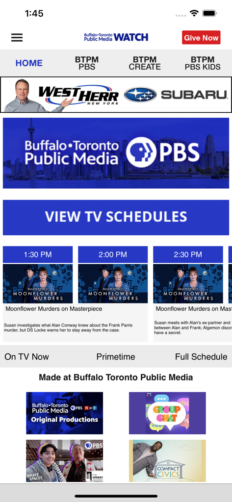 A tela inicial do aplicativo BTPM Watch exibindo as programações de TV da PBS e produções originais locais da Buffalo Toronto Public Media.