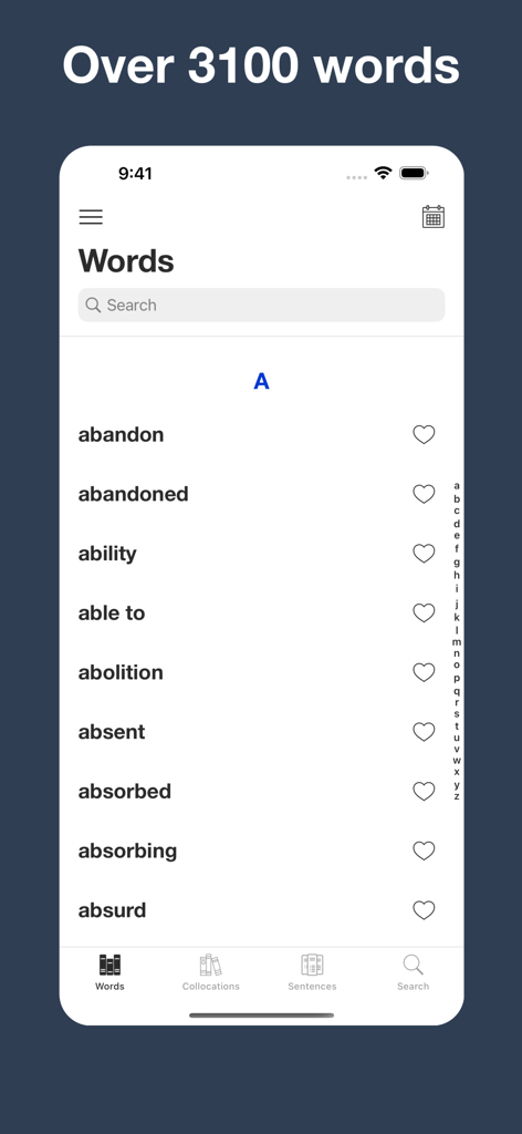 English Collocation Sentence - A mobile app screen showing an alphabetical list of English words like abandon and ability with a search bar.