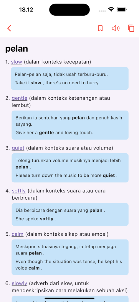 A screen from the Kamusku app showing the definition and multiple English translations for the Indonesian word pelan.