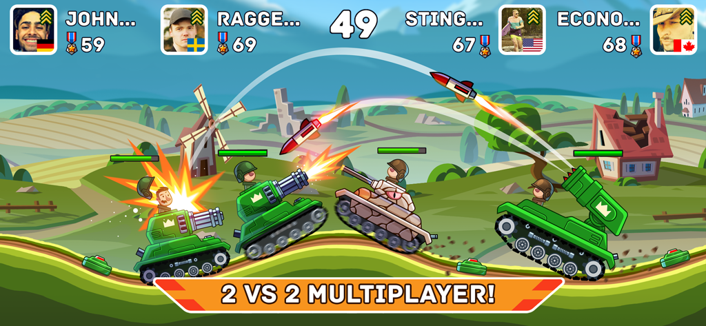 Battaglia multiplayer di carri armati 2 vs 2 in Hills of Steel che mostra quattro carri armati e proiettili volanti