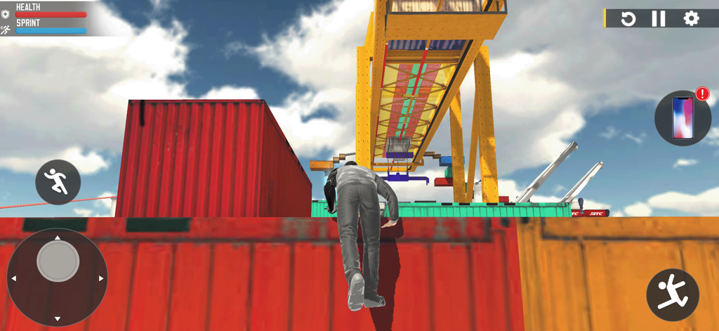 A character performing a parkour climb on shipping containers in Elevated Run City Freestyle