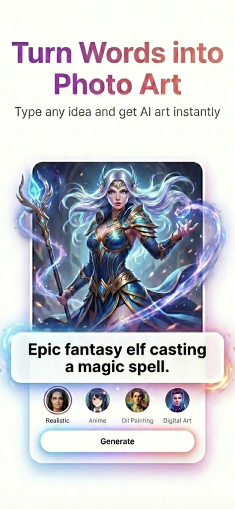 AI Photo Generator. - KI-Fotogenerator-Oberfläche, die eine Fantasy-Elfe zeigt, die aus einem Text-Prompt erstellt wurde