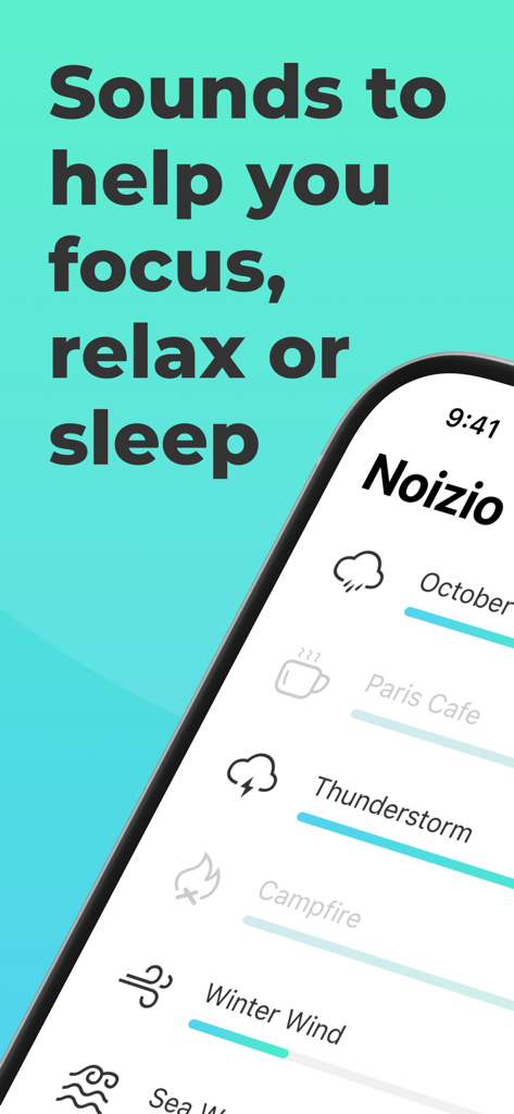 Noizio — focus, relax, sleep - Noizio app interface displaying a list of ambient sounds like October Rain and Paris Cafe with a tagline focused on relaxation and sleep.