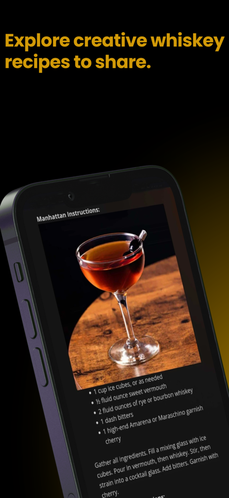 Mobile app screen displaying a Manhattan cocktail recipe including ingredients and instructions