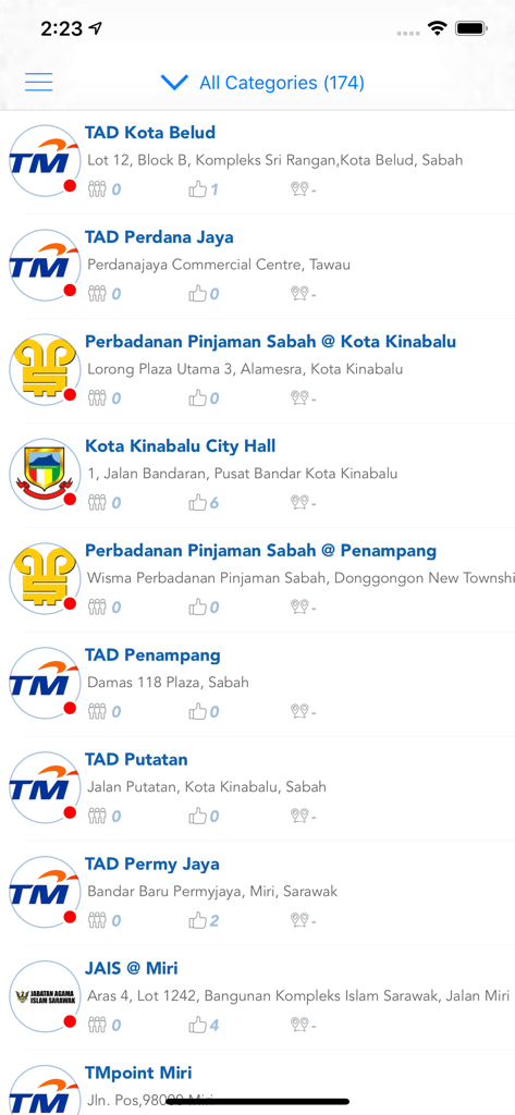 QueueBee - QueueBee mobile app screen showing a list of service outlets with real-time queue status and locations