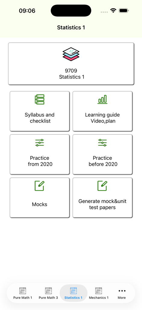 AlevelMath - Panel de control de la aplicación AlevelMath mostrando materiales de estudio para el módulo Estadística 1, incluyendo exámenes de práctica y simulacros.