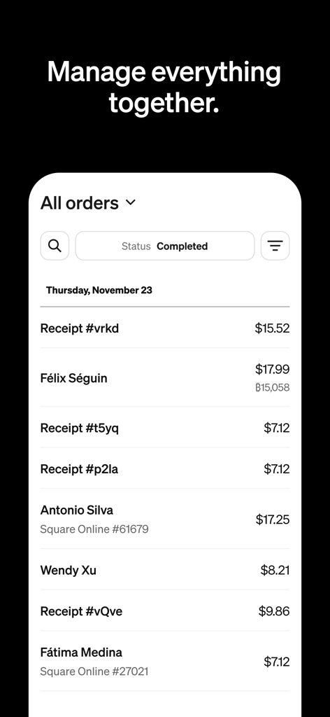 Square POS app showing a list of completed customer orders and transaction totals