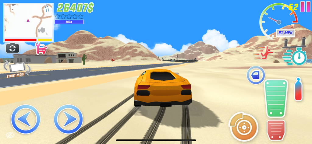 Yellow sports car driving through a low poly desert environment in Dude Theft Wars