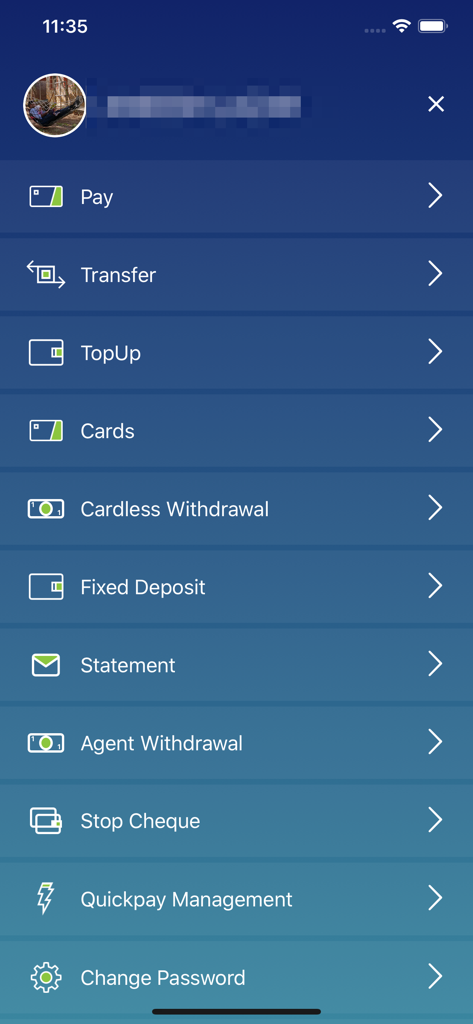 First Capital Bank App - Main menu screen of the First Capital Bank app displaying options for payments, transfers, and account management