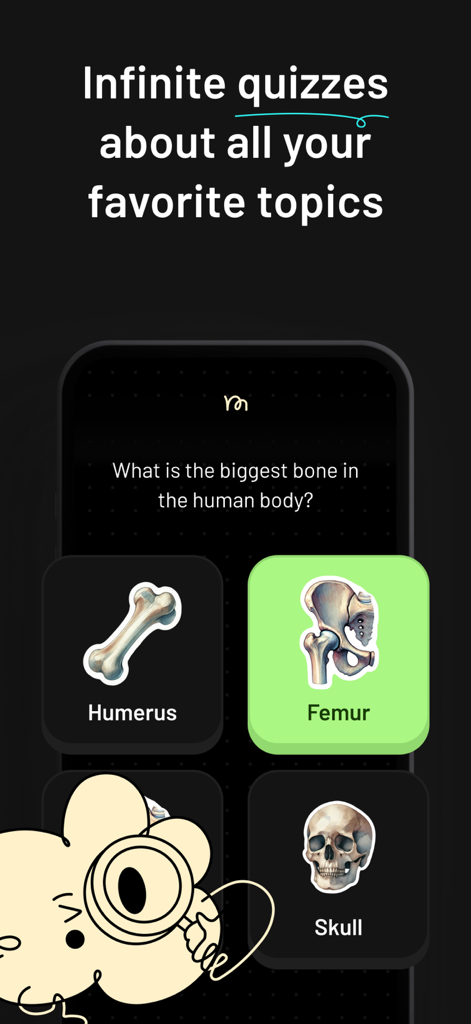Mimir app interactive science quiz for kids showing a question about the human body