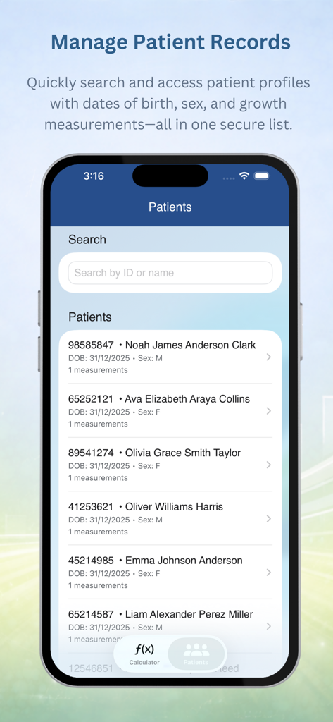 PediaMetrics: Pediatric Growth - PediaMetrics app patient records screen displaying a searchable list of pediatric patient profiles with names and dates of birth