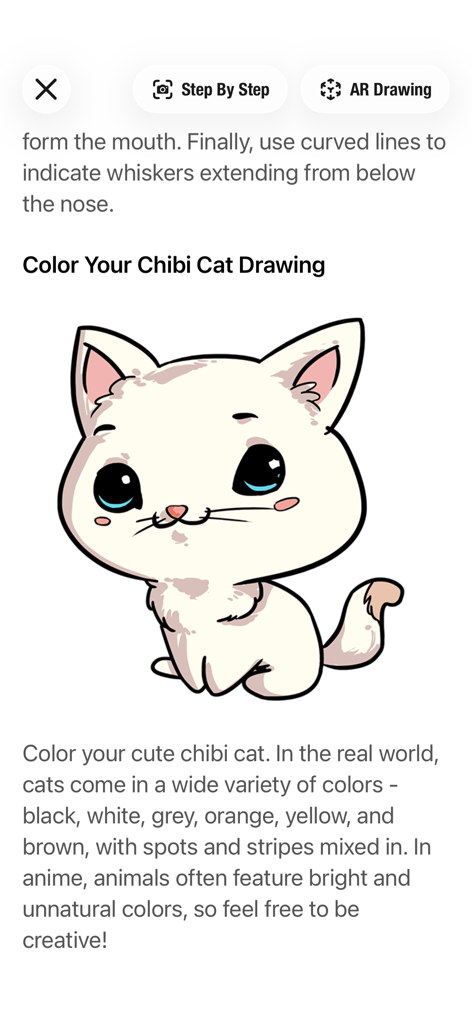 How to Draw Anime Easy - Tutorial-Bildschirm zum Kolorieren einer niedlichen Chibi-Katzen-Illustration mit Buttons für Schritt-für-Schritt und AR-Zeichnen
