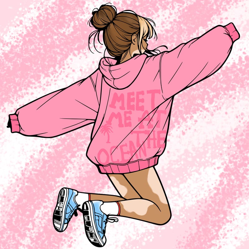 realistic girl jumping with a bun and oversized sweatshirt