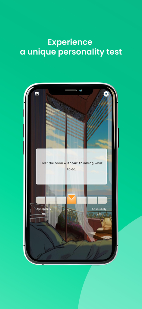 Lazy Guru: Career & Fun - A personality test screen in the Lazy Guru app showing a visual novel decision with a slider from Absolutely No to Absolutely Yes.