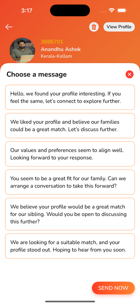 M4marry app interface showing a list of template messages for contacting a potential life partner.